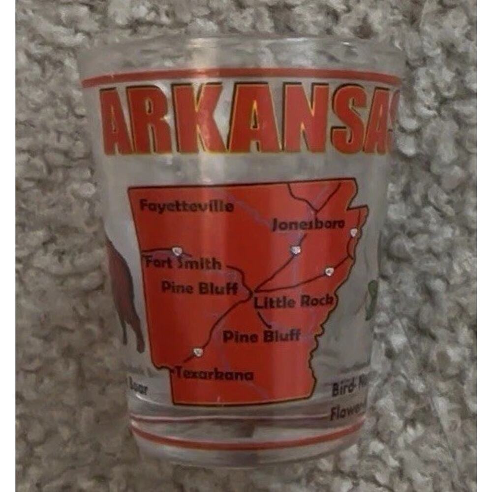 Arkansas Souvenir Shot Glass Red Map Highway Vintage Collectible Barware